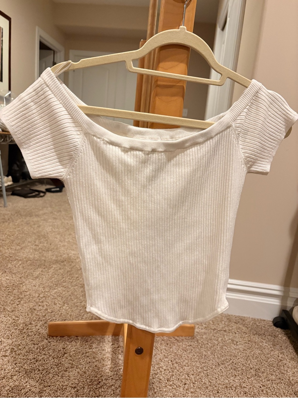 Garage Cream Ribbed Off-Shoulder Crop Top